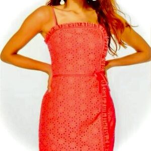 Lilly Pulitzer Jesse Ruffle Romper in Spicy Coral Neon Sunburst Eyelet